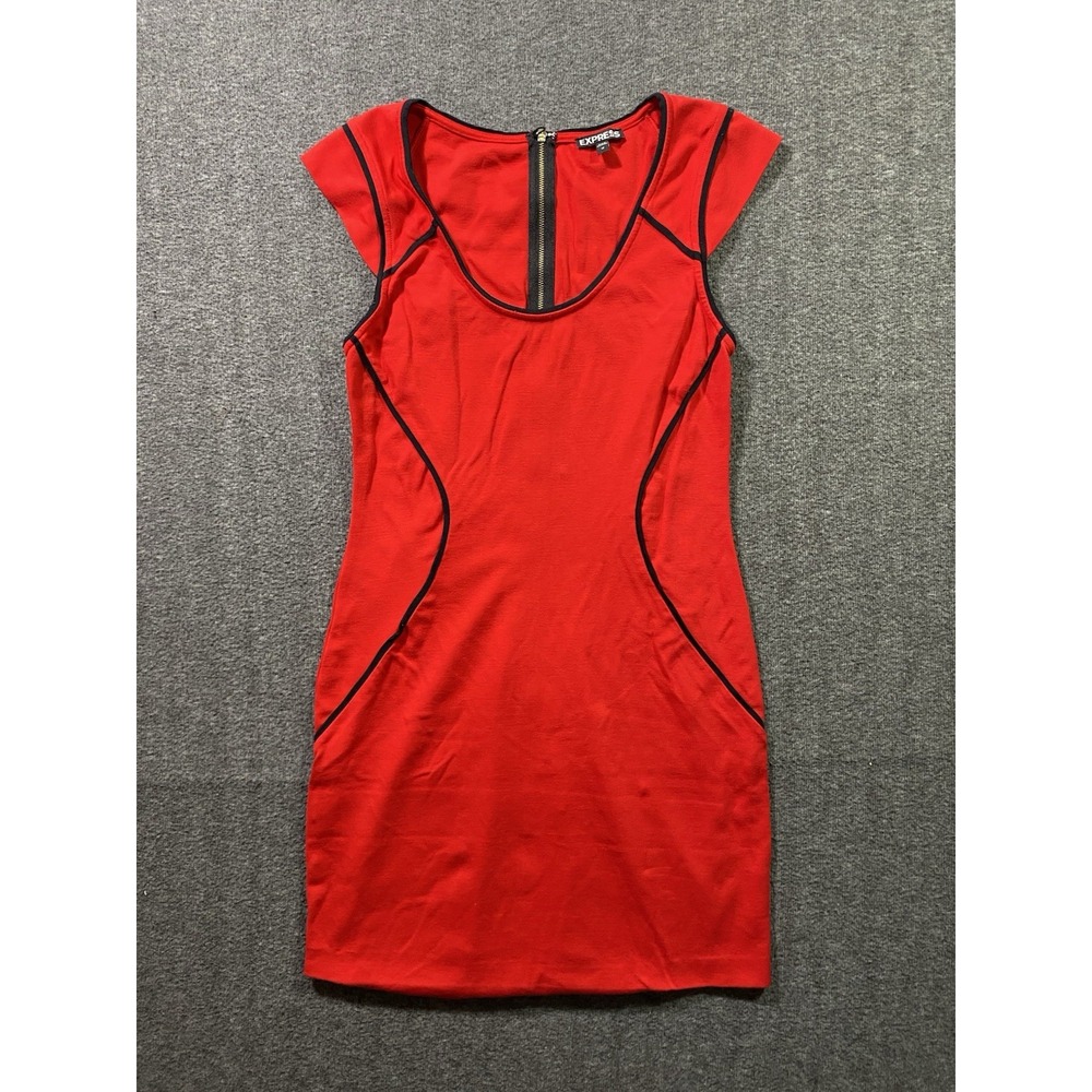 Express Dress Women's Bodycon Red Black Trim Back Zip Cap Sleeve Stretch Size 12